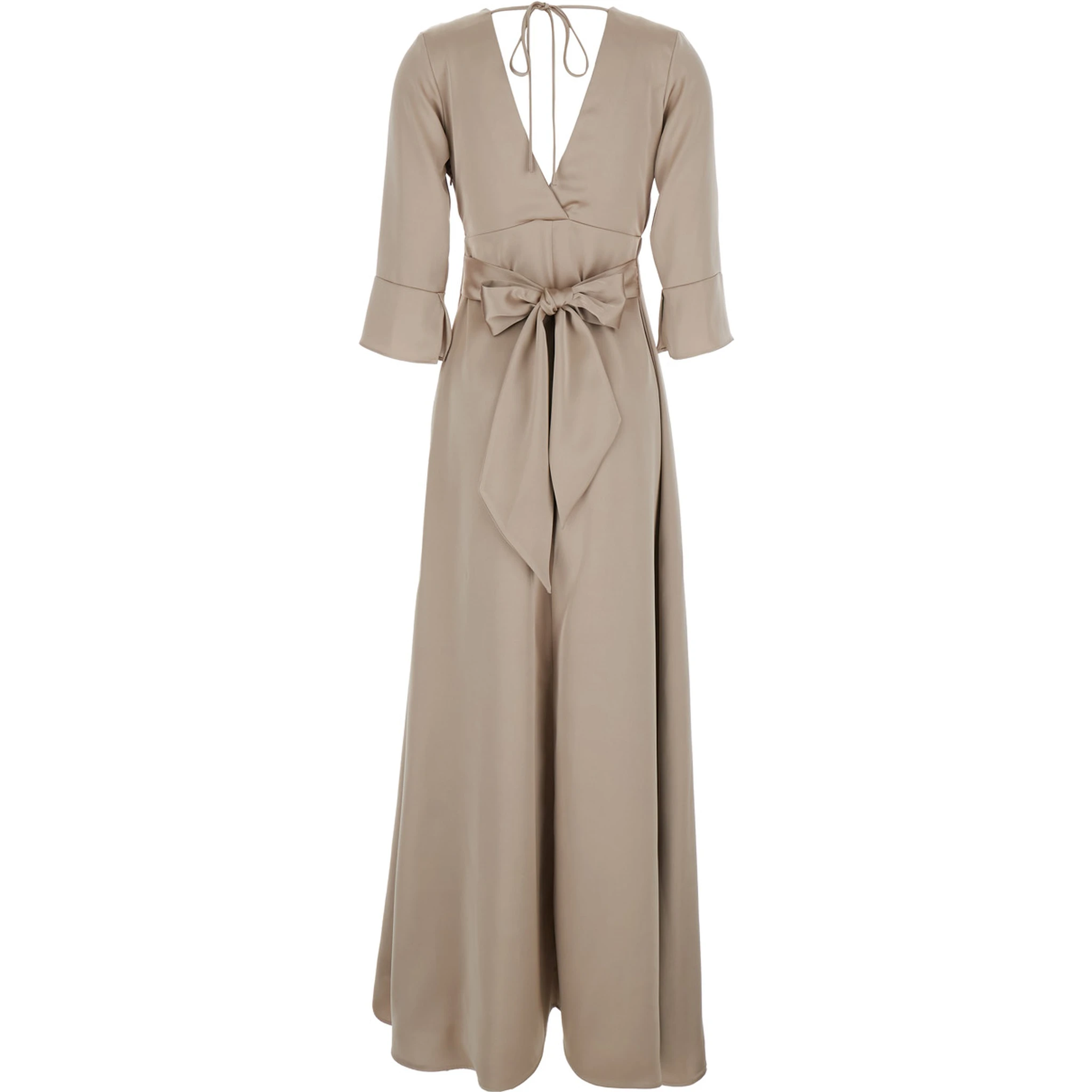 Beige Maxi Dress with Front and Rear V Neck and Maxi Bow on the Rear in Cady Woman