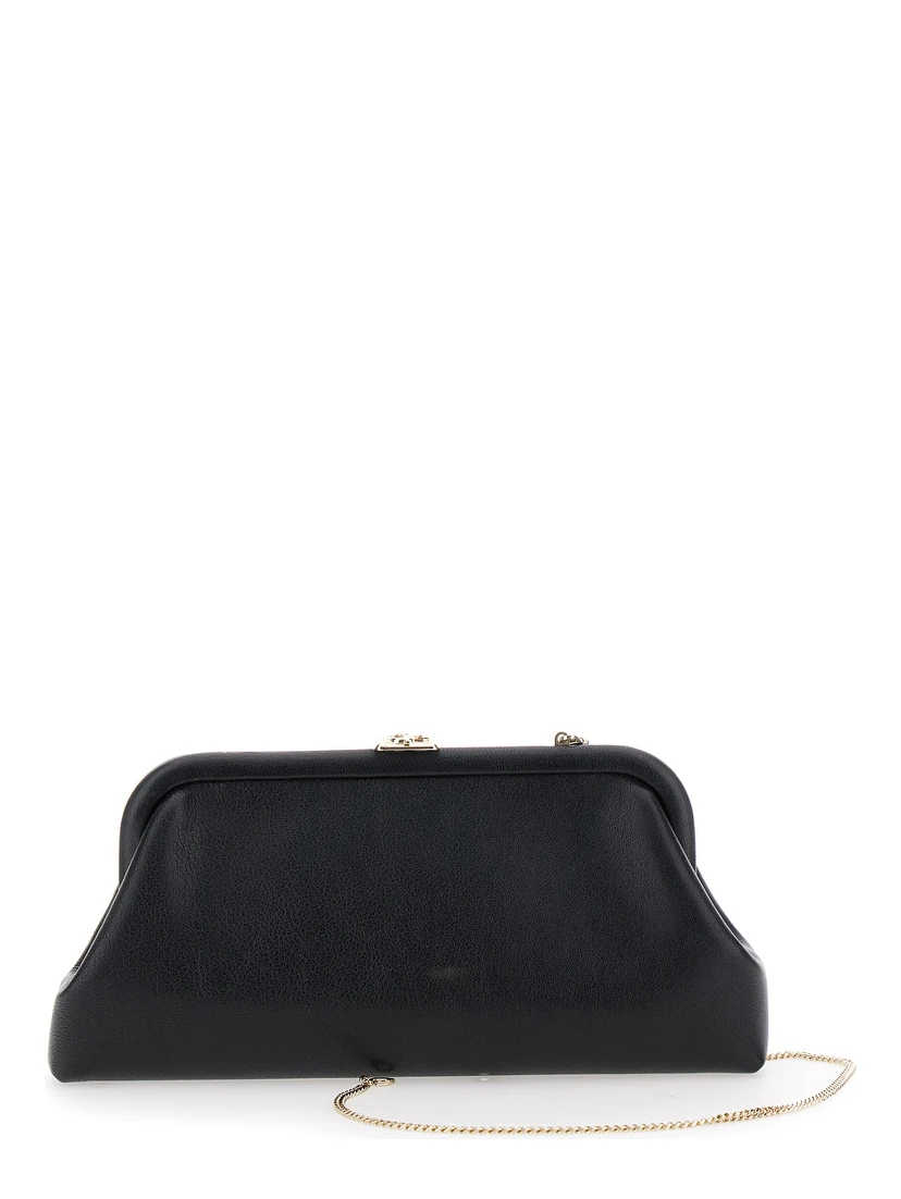 Skylar Black Clutch with Chain-Link Shoulder Strap and Kiss-Lock Closure with Logo Plaque in Leather Woman