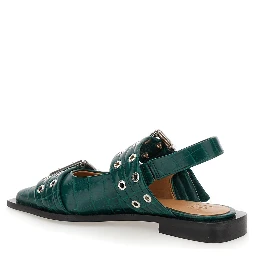 Green Ballet Shoes with Double Buckle and Pointed Design in Leather Woman