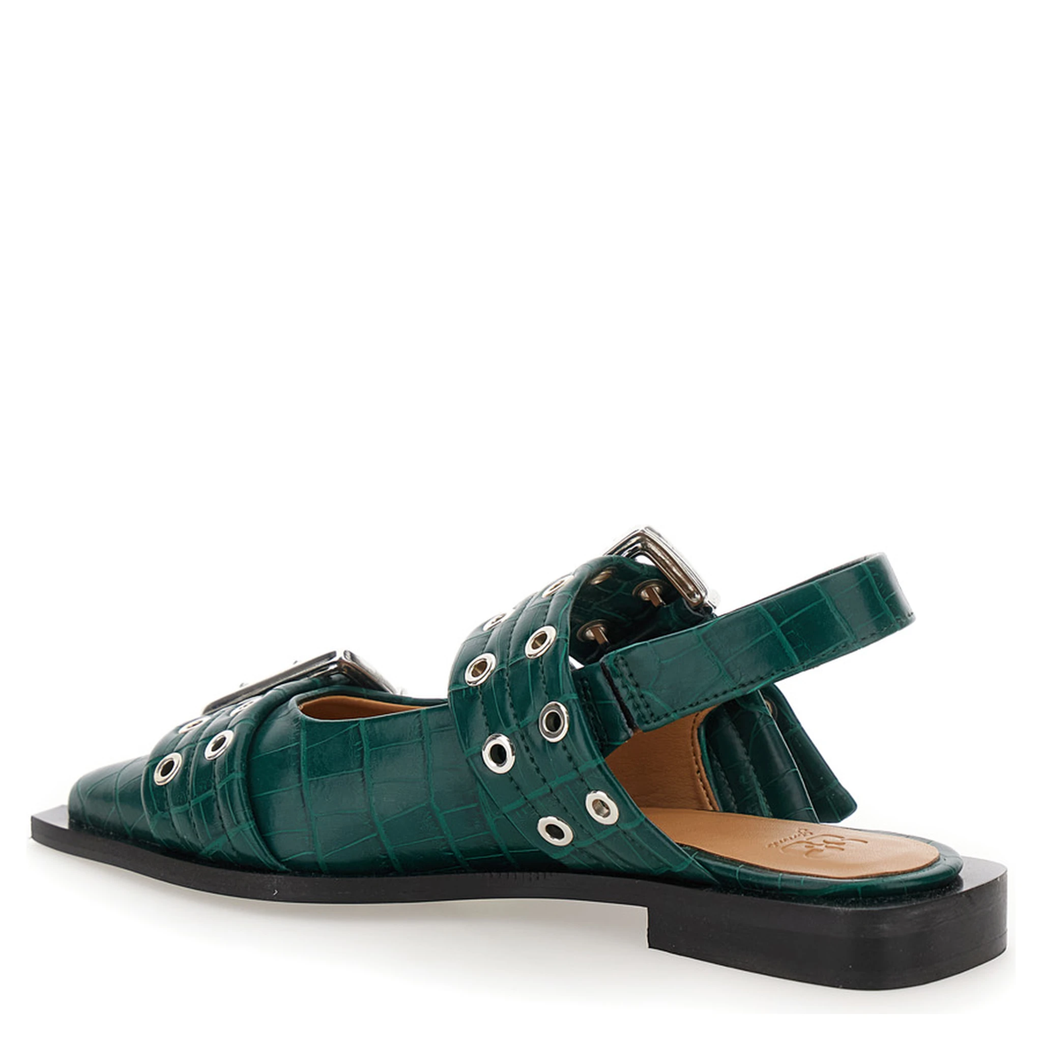 Green Ballet Shoes with Double Buckle and Pointed Design in Leather Woman