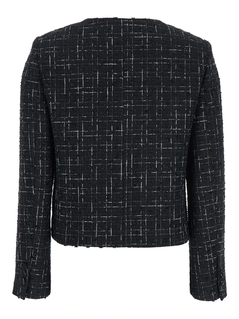 Black Jacket with Round Neck and Front Button Closure in Tweed Woman