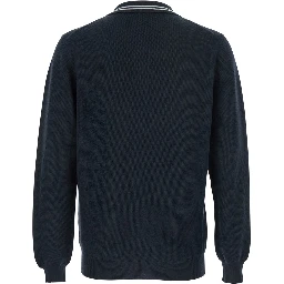 Blue Long-Sleeve Polo Shirt with Striped Collar and Logo Lettering Embroidery on the Front in Wool and Cotton Blend Man