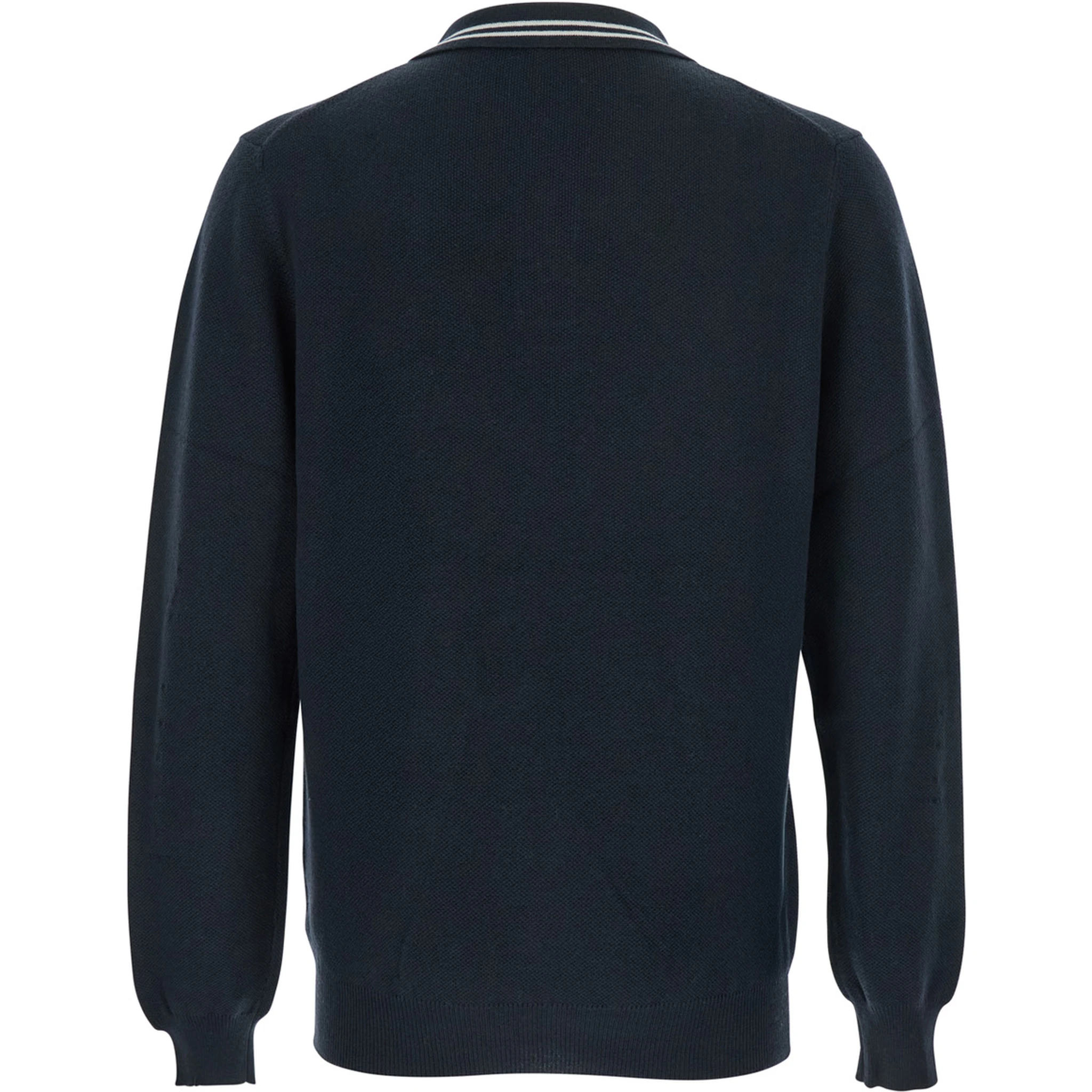 Blue Long-Sleeve Polo Shirt with Striped Collar and Logo Lettering Embroidery on the Front in Wool and Cotton Blend Man
