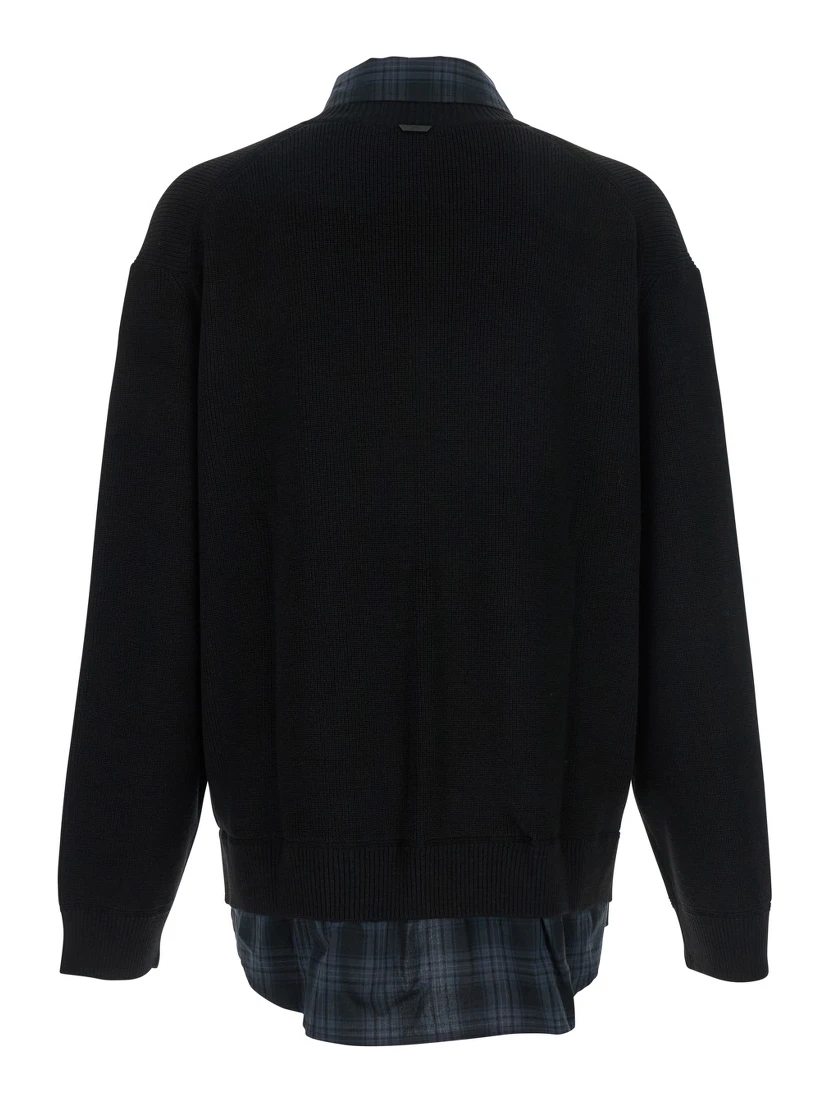 Black Sweater with Layered Design and Classic Collar in Cotton and Wool Blend Man