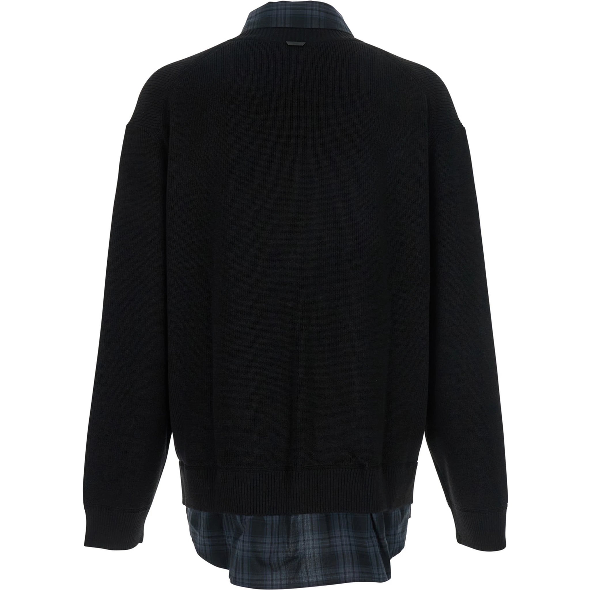 Black Sweater with Layered Design and Classic Collar in Cotton and Wool Blend Man