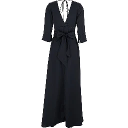 Black Maxi Dress with Front and Rear V Neck and Maxi Bow on the Rear in Cady Woman