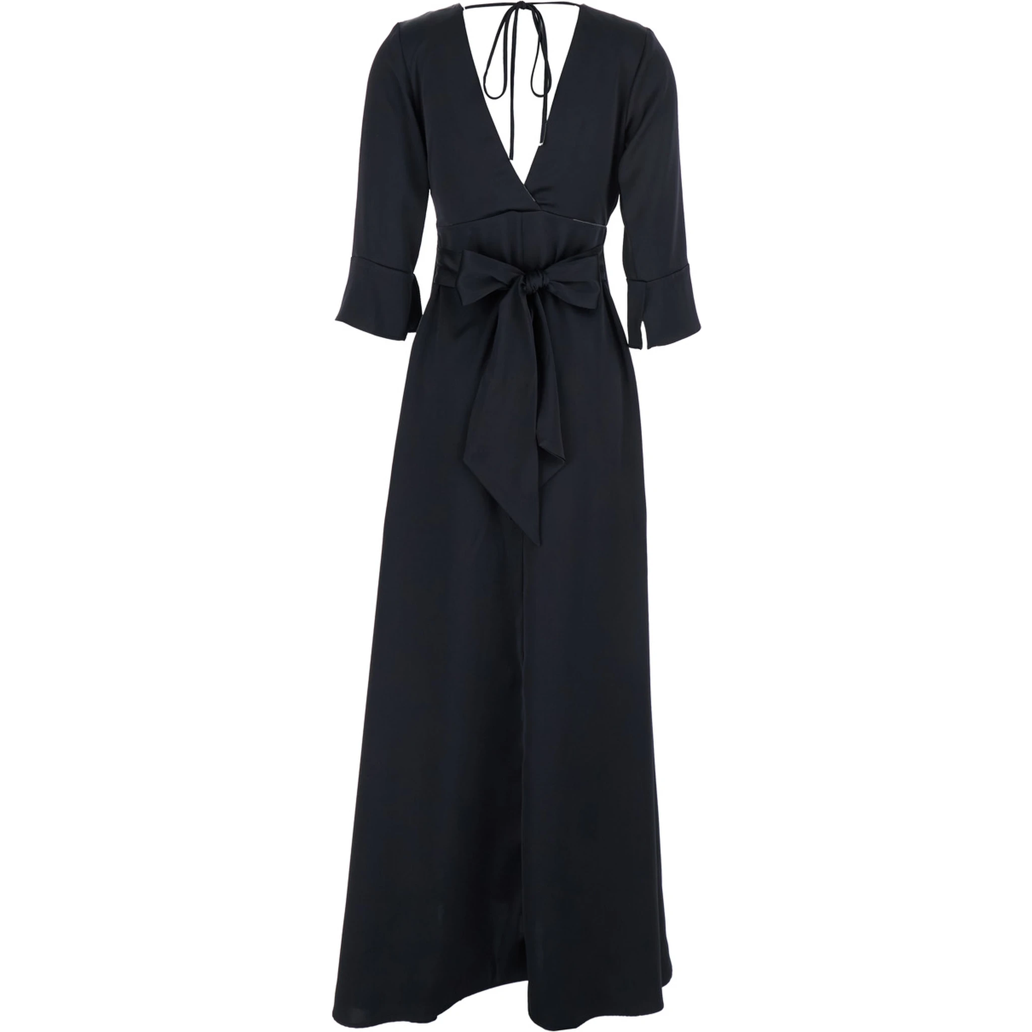 Black Maxi Dress with Front and Rear V Neck and Maxi Bow on the Rear in Cady Woman