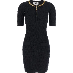 Black Crewneck Dress with Chain Detail on the Collar in Wool Woman