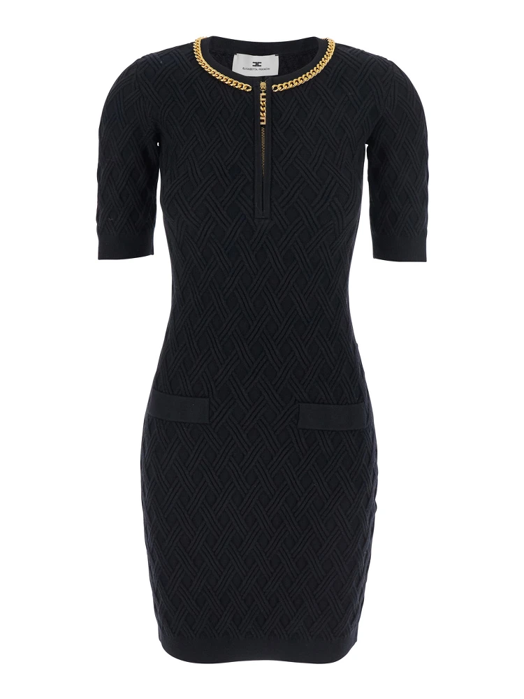Black Crewneck Dress with Chain Detail on the Collar in Wool Woman