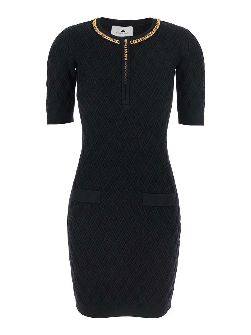 Black Crewneck Dress with Chain Detail on the Collar in Wool Woman