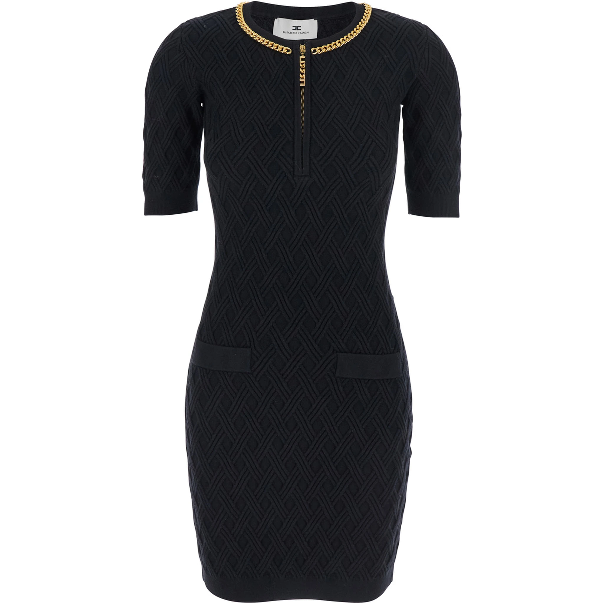 Black Crewneck Dress with Chain Detail on the Collar in Wool Woman