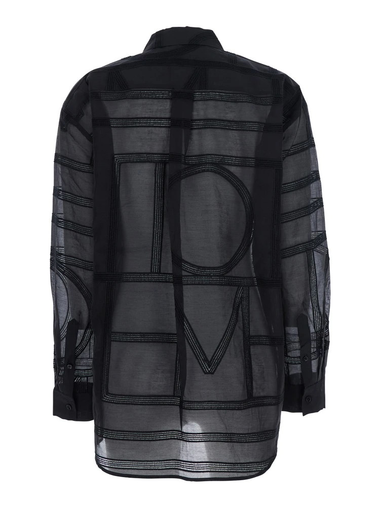 Black Shirt with Classic Collar and All-Over Logo Lettering Embroidery in Cotton and Silk Woman alternative