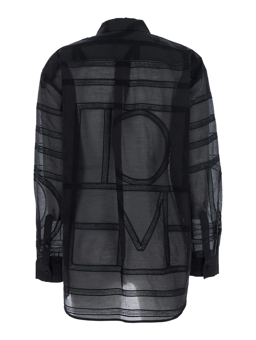 Black Shirt with Classic Collar and All-Over Logo Lettering Embroidery in Cotton and Silk Woman