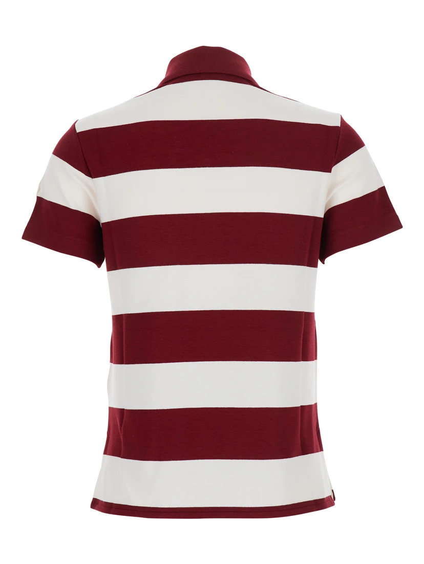 Red Polo Shirt with Logo Patch on the Sleeve and All-Over Striped Motif in Viscose Stretch Woman