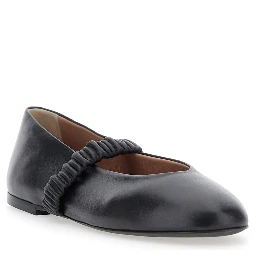 Black Ballet Flats with Elasticated Band on the Front in Leather Woman