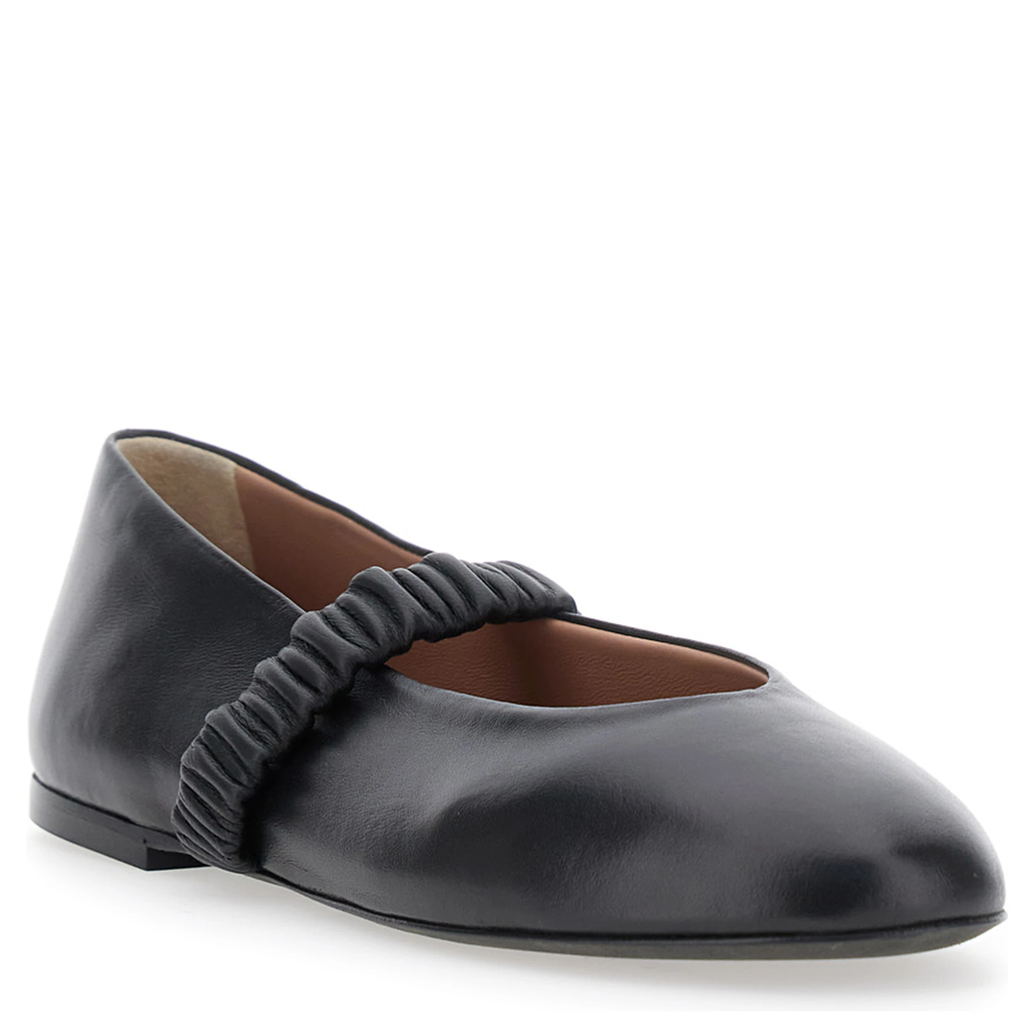 Black Ballet Flats with Elasticated Band on the Front in Leather Woman