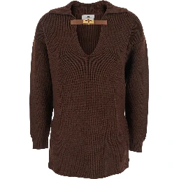 Brown Sweater with Polo Shirt Style Collar and Buckle Detail on the Front in Wool Blend Woman
