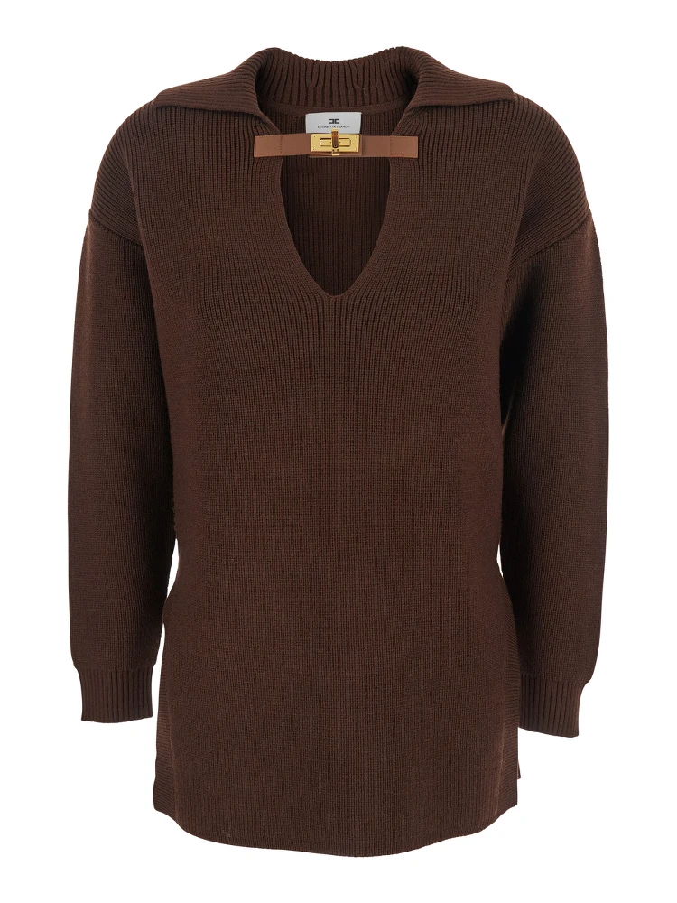 Brown Sweater with Polo Shirt Style Collar and Buckle Detail on the Front in Wool Blend Woman