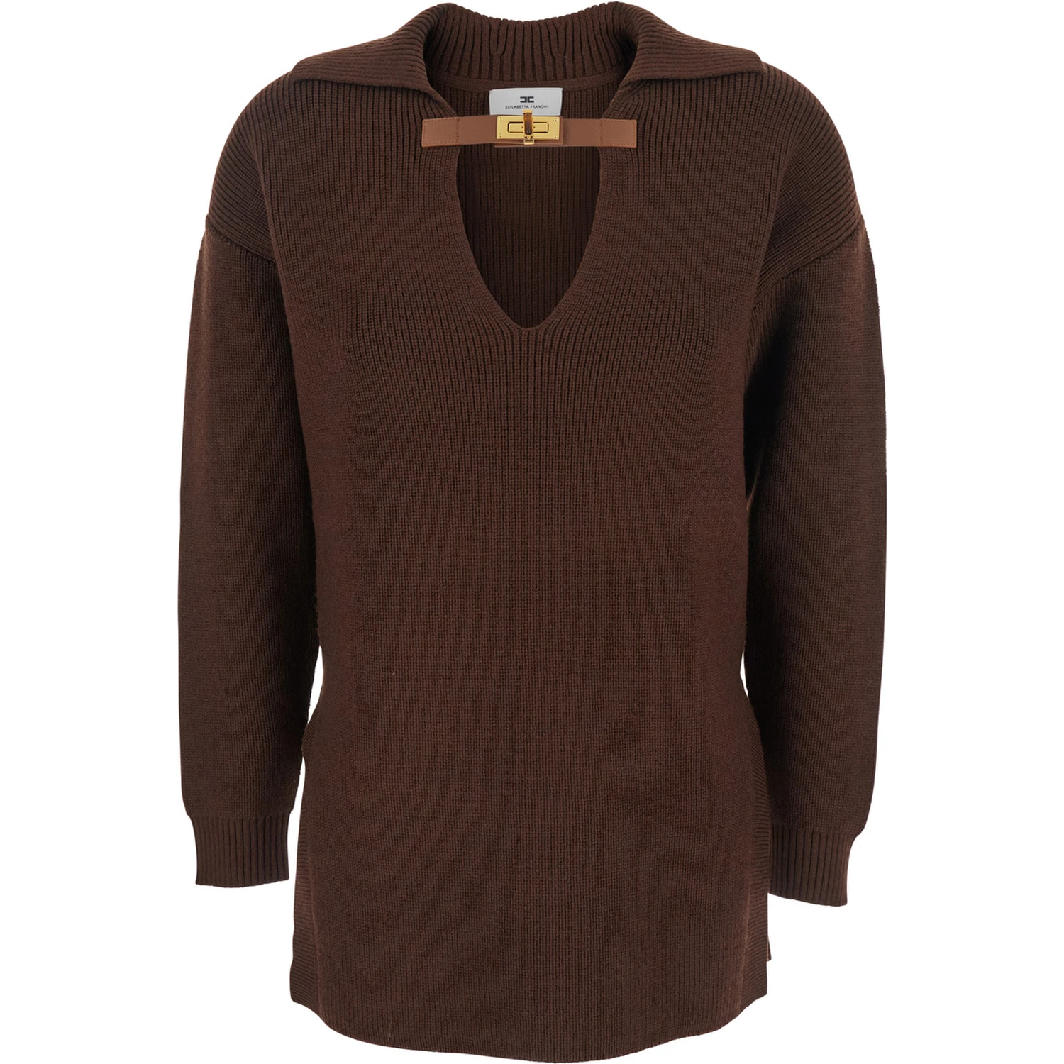 Brown Sweater with Polo Shirt Style Collar and Buckle Detail on the Front in Wool Blend Woman
