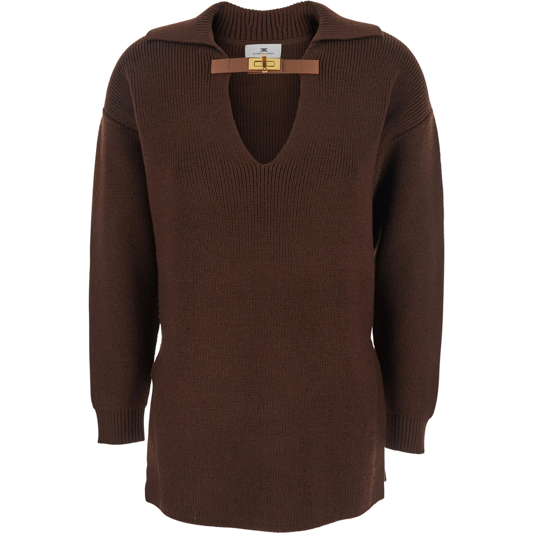 Brown Sweater with Polo Shirt Style Collar and Buckle Detail on the Front in Wool Blend Woman