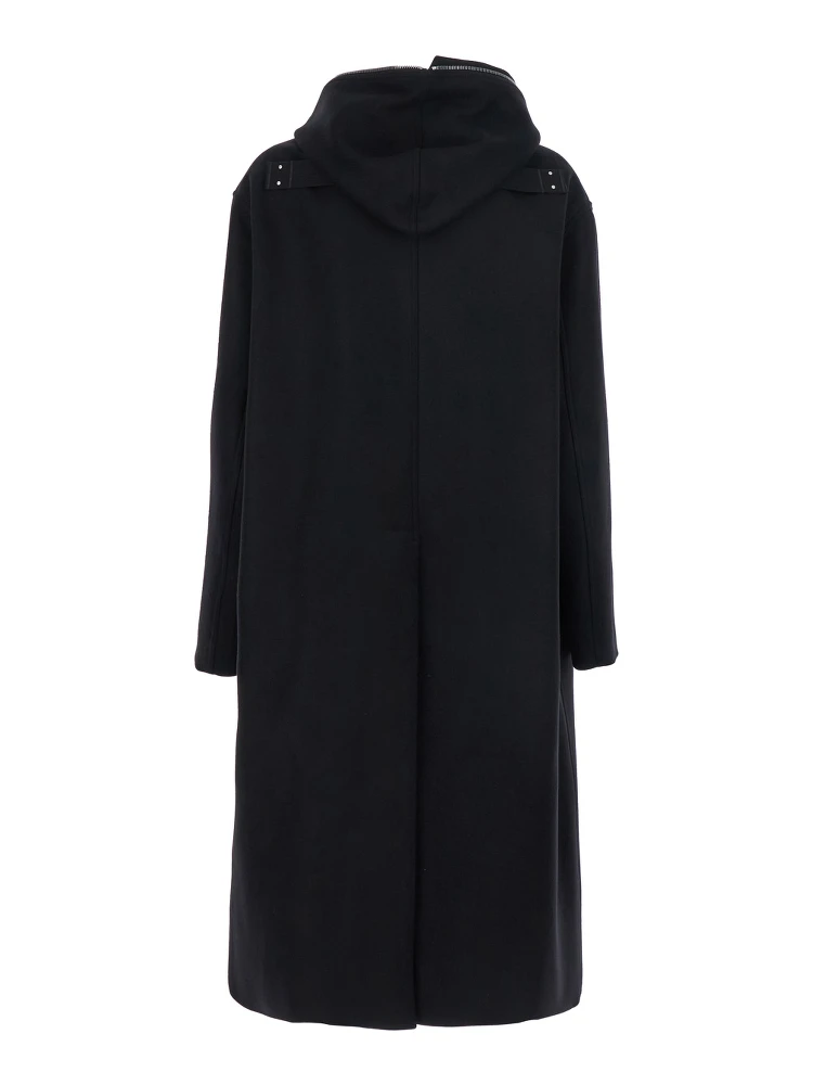 Black Coat with Fixed Hood and Rear Single Vent in Wool Man alternative
