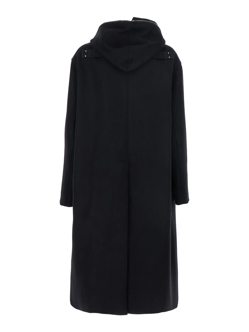 Black Coat with Fixed Hood and Rear Single Vent in Wool Man