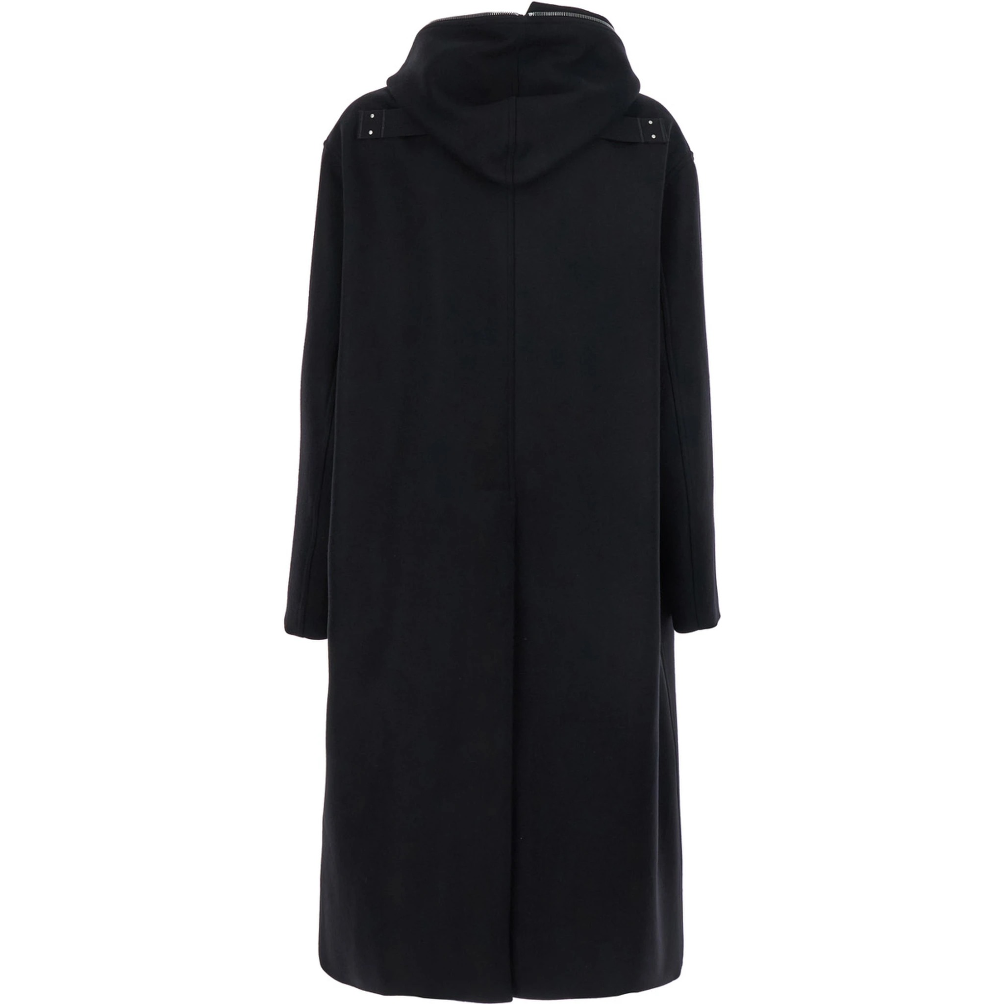 Black Coat with Fixed Hood and Rear Single Vent in Wool Man
