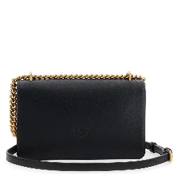 Love One Black Mini Bag with Chain-Link Shoulder Strap and Love Birds Diamond cut Plaque in Leather Woman