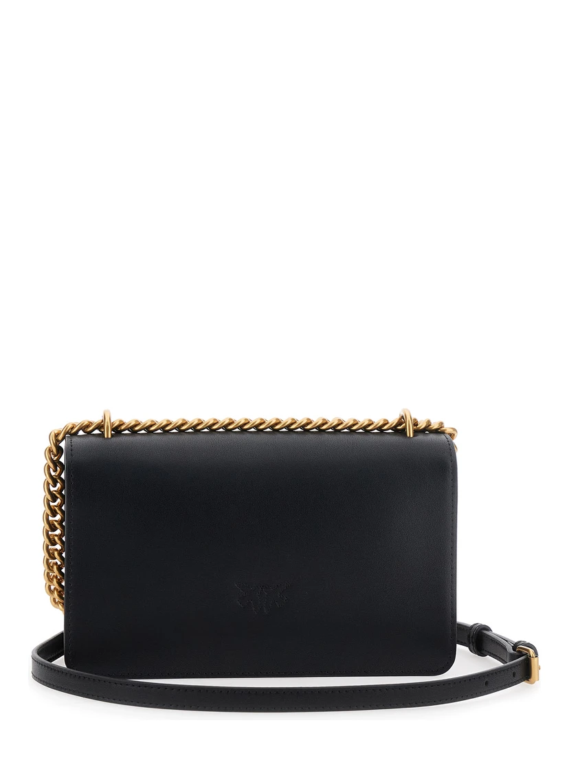 Love One Black Mini Bag with Chain-Link Shoulder Strap and Love Birds Diamond cut Plaque in Leather Woman