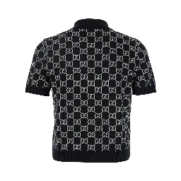 Black Polo Shirt with Ribbed Trims in GG Canvas Woman