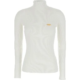 White Turtleneck Sweater with Logo Plaque on the Front in Silk Blend Woman