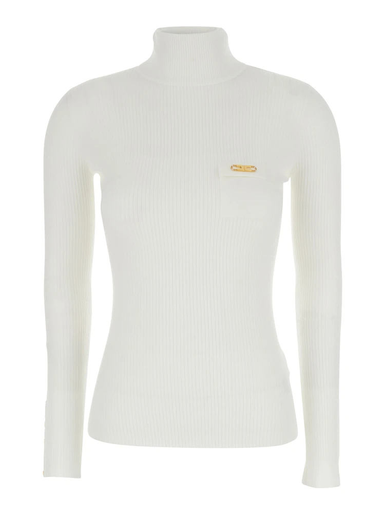 White Turtleneck Sweater with Logo Plaque on the Front in Silk Blend Woman