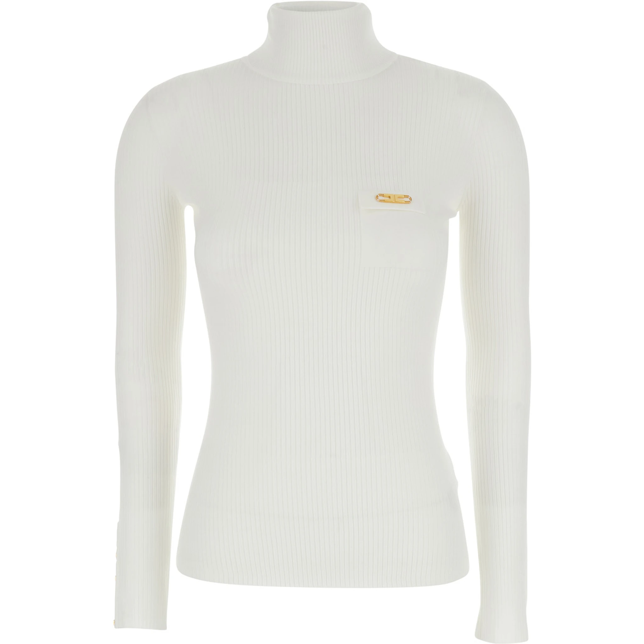 White Turtleneck Sweater with Logo Plaque on the Front in Silk Blend Woman