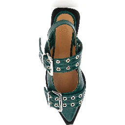 Green Ballet Shoes with Double Buckle and Pointed Design in Leather Woman