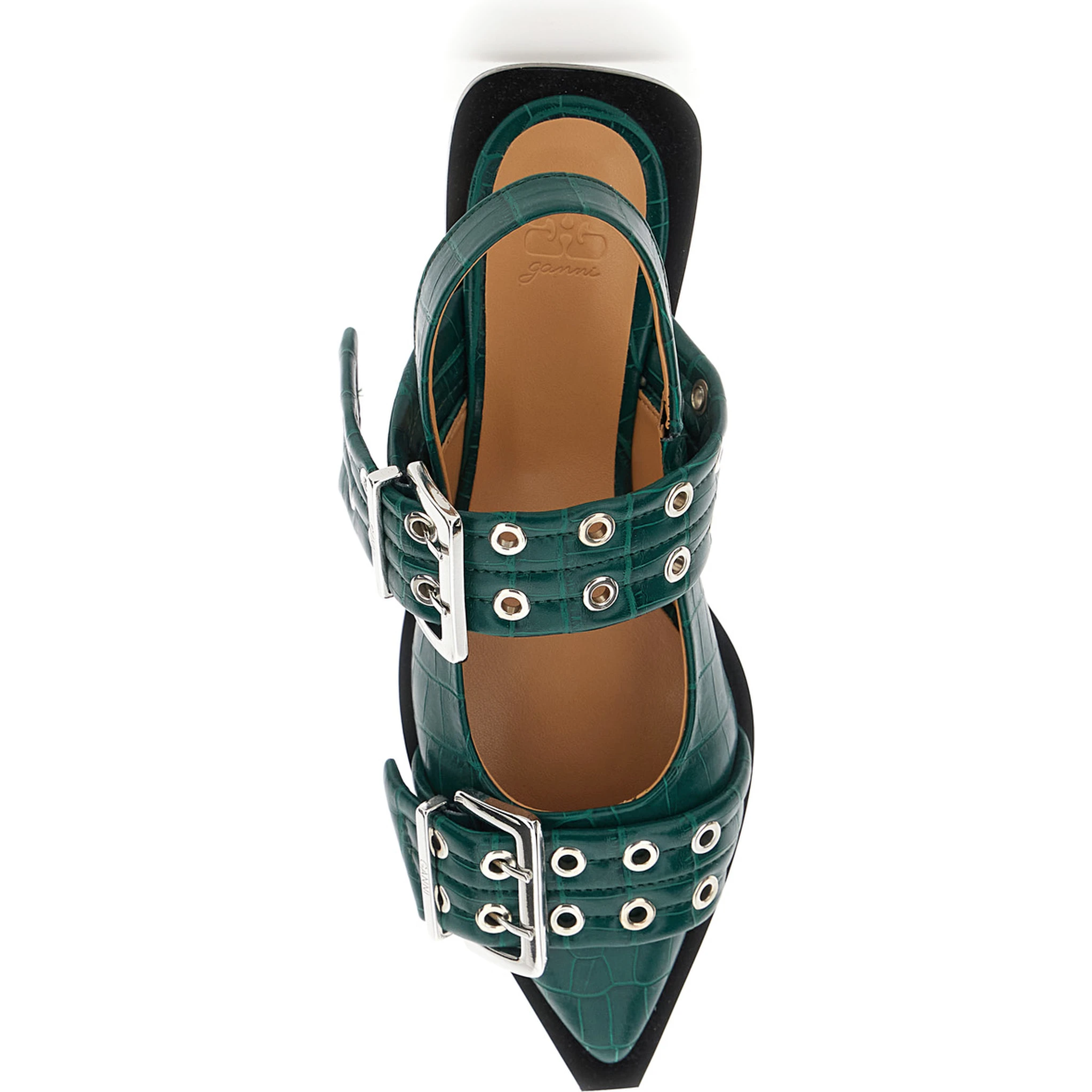 Green Ballet Shoes with Double Buckle and Pointed Design in Leather Woman