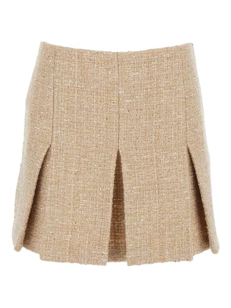 Beige Miniskirt with Pleated Details on the Front and Logo Plaque on the Rear in Tech Fabric Woman