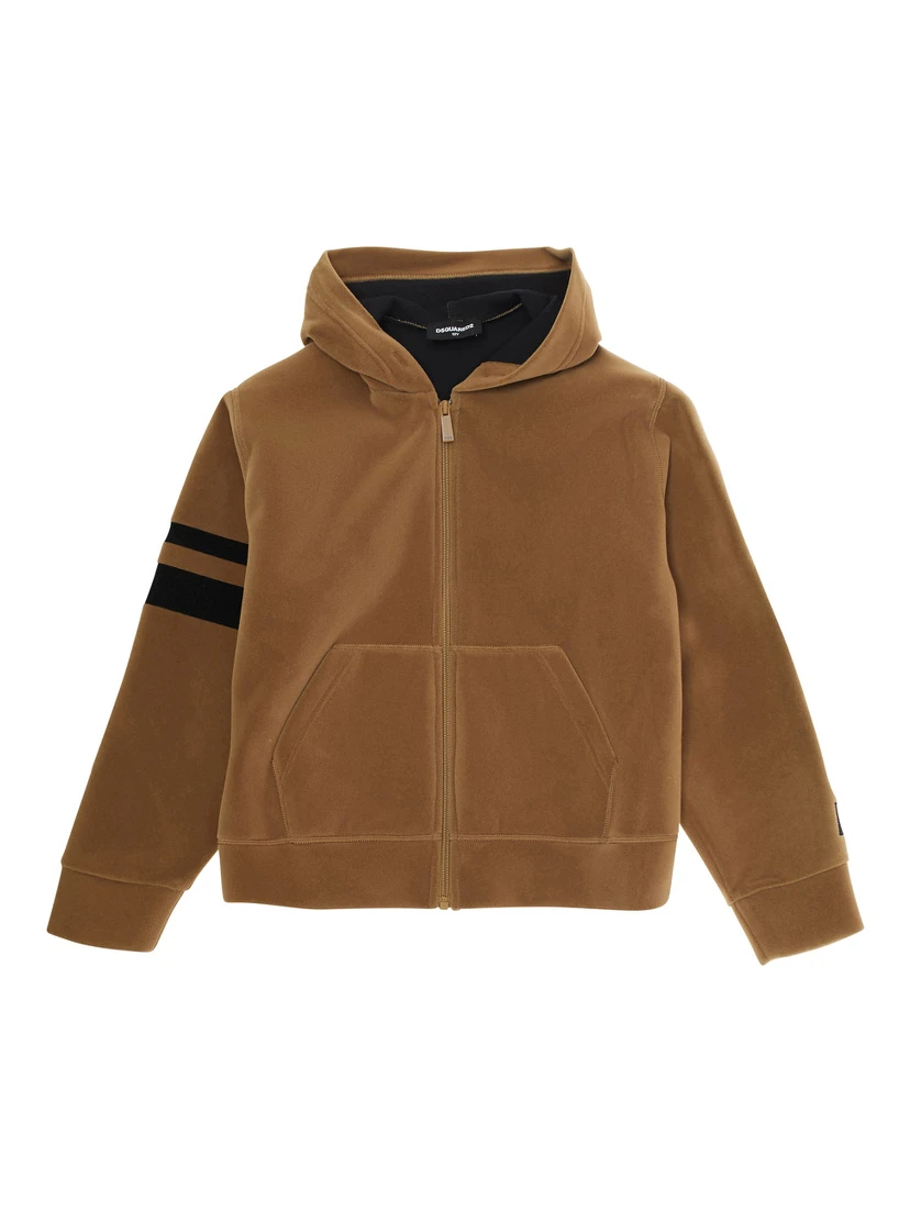 Brown Sweatshirt with Fixed Hood and Front Zip Closure in Cotton Boy