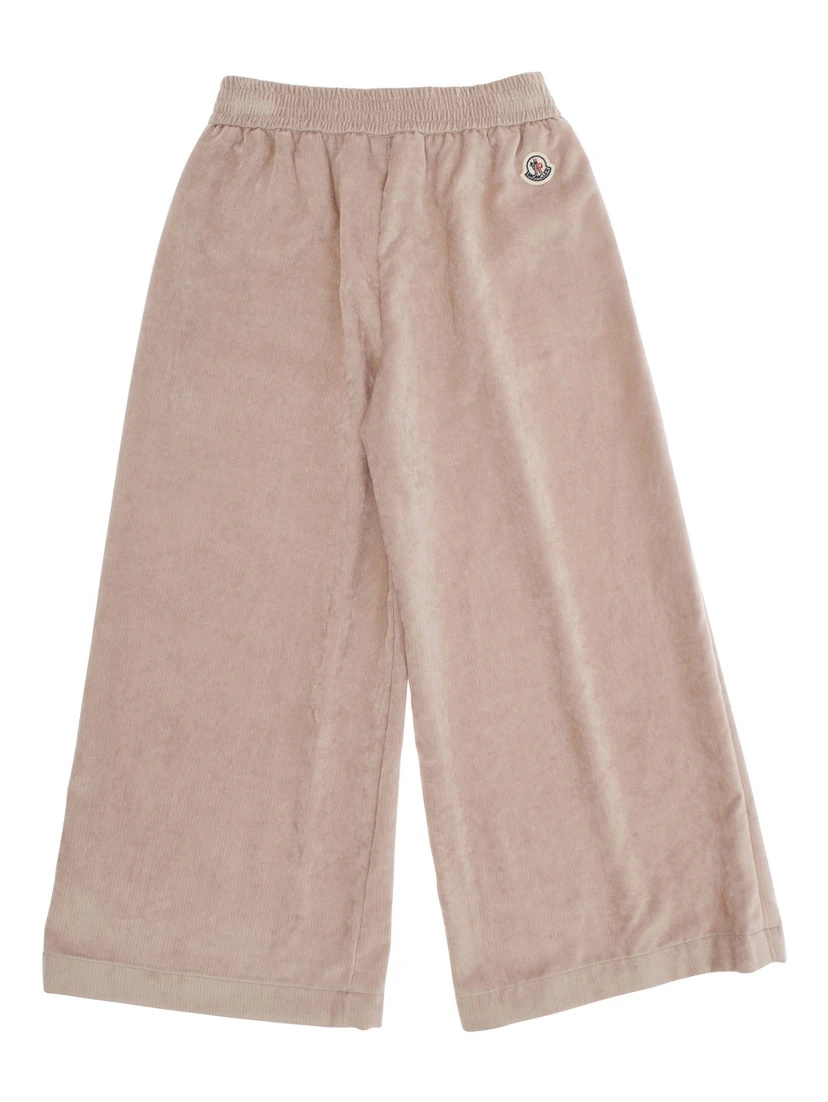 Pink Trousers with Elastic Waist and Applied Logo Patch in Fabric Baby