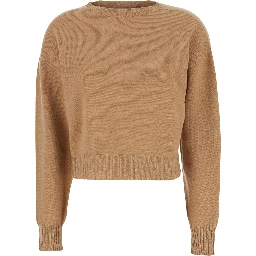 Beige Crew Neck Sweater with Dropped Shoulder and Ribbed Details in Wool Woman
