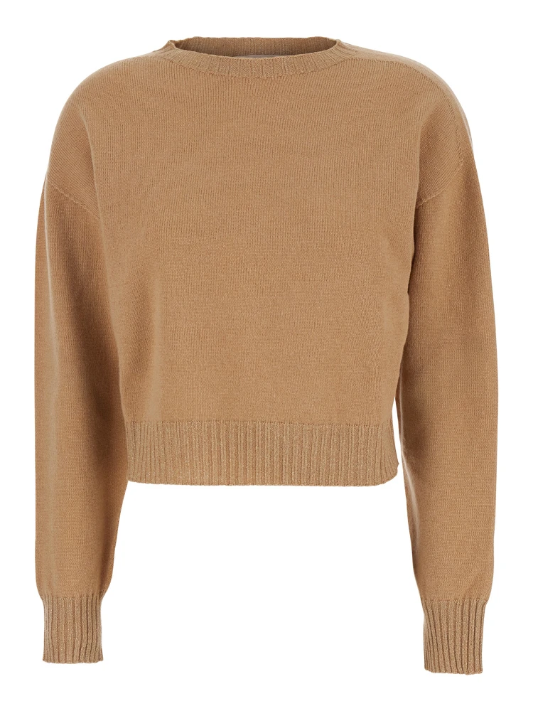 Beige Crew Neck Sweater with Dropped Shoulder and Ribbed Details in Wool Woman
