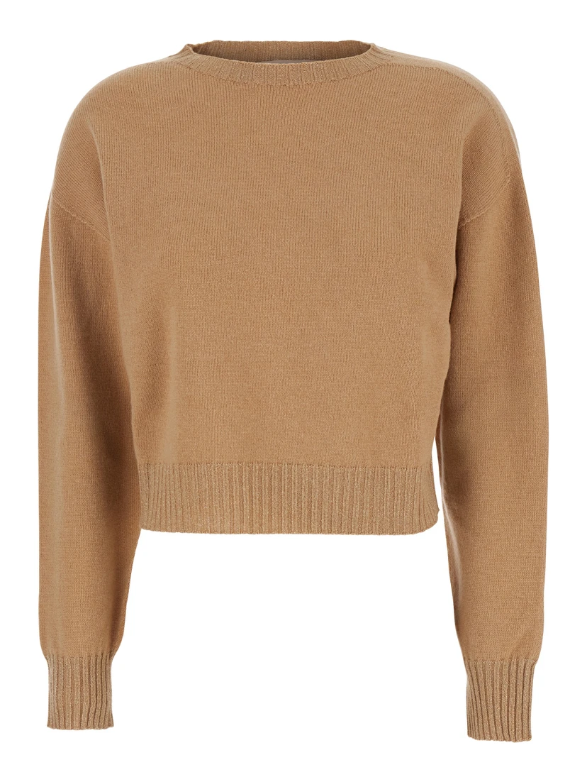 Beige Crew Neck Sweater with Dropped Shoulder and Ribbed Details in Wool Woman