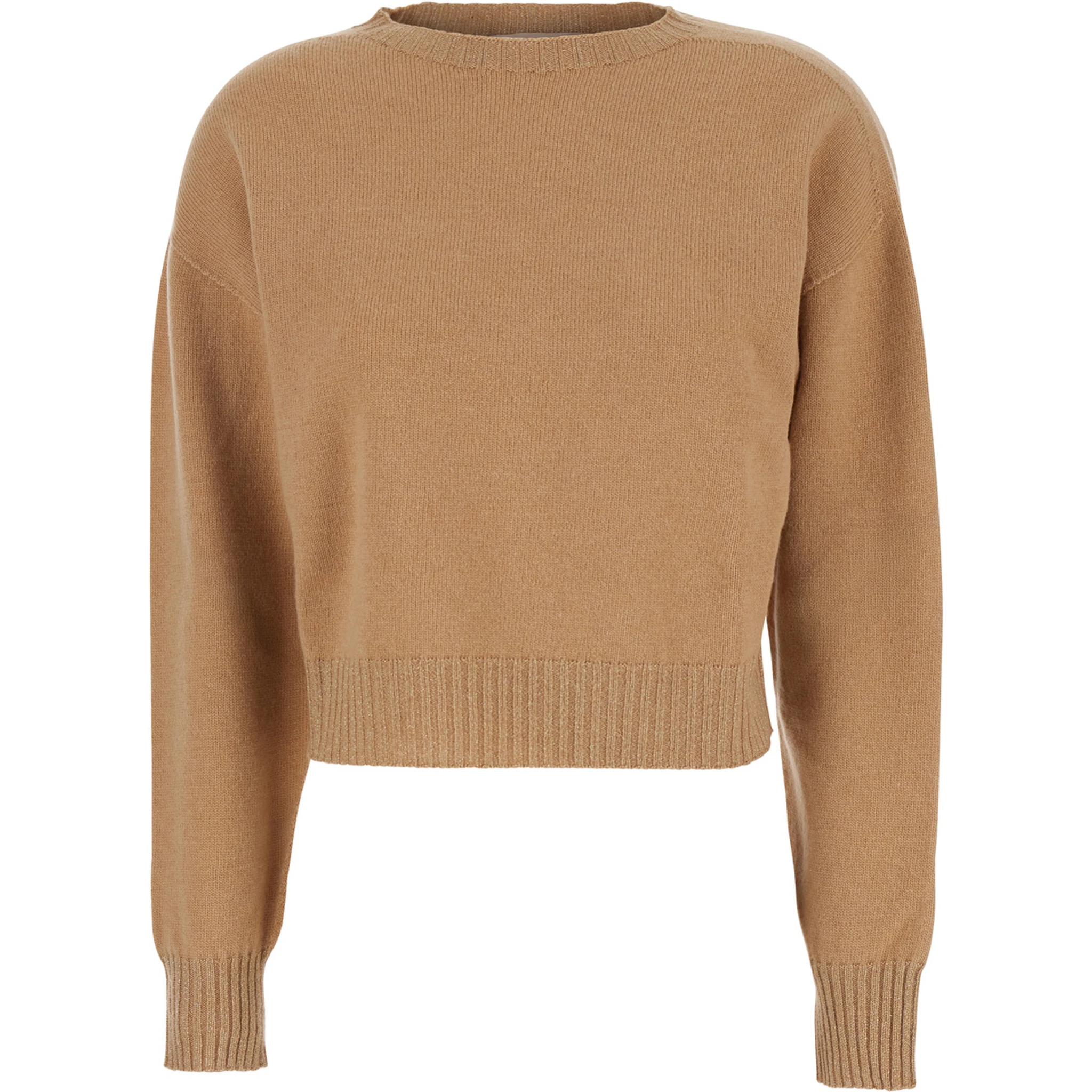 Beige Crew Neck Sweater with Dropped Shoulder and Ribbed Details in Wool Woman