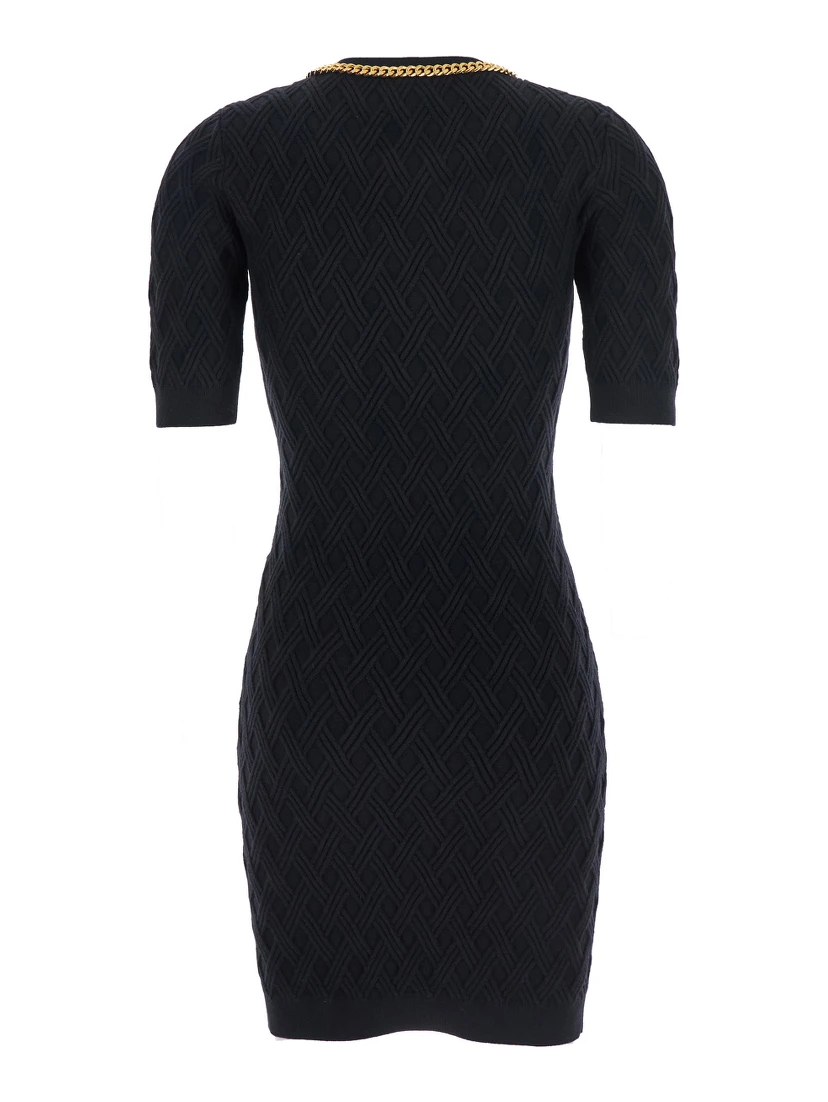 Black Crewneck Dress with Chain Detail on the Collar in Wool Woman
