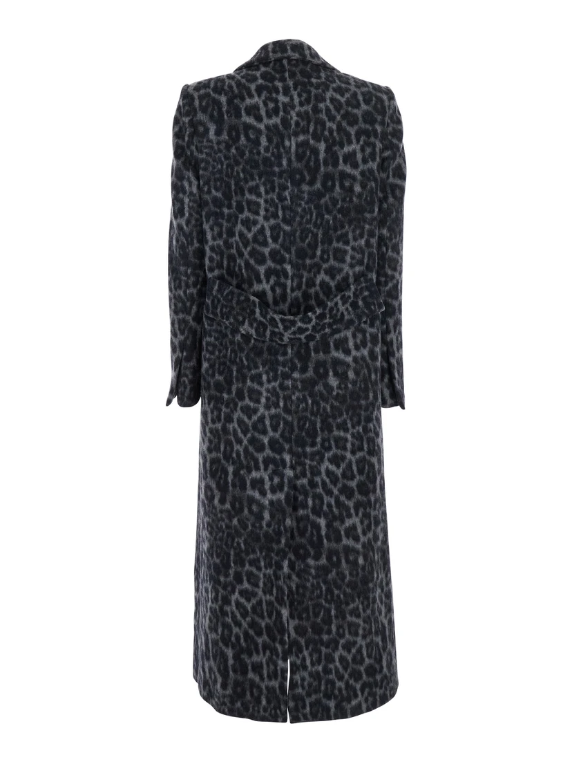 Grey Coat with All-Over Animal Print in Wool Woman