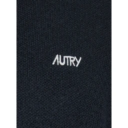 Blue Long-Sleeve Polo Shirt with Striped Collar and Logo Lettering Embroidery on the Front in Wool and Cotton Blend Man