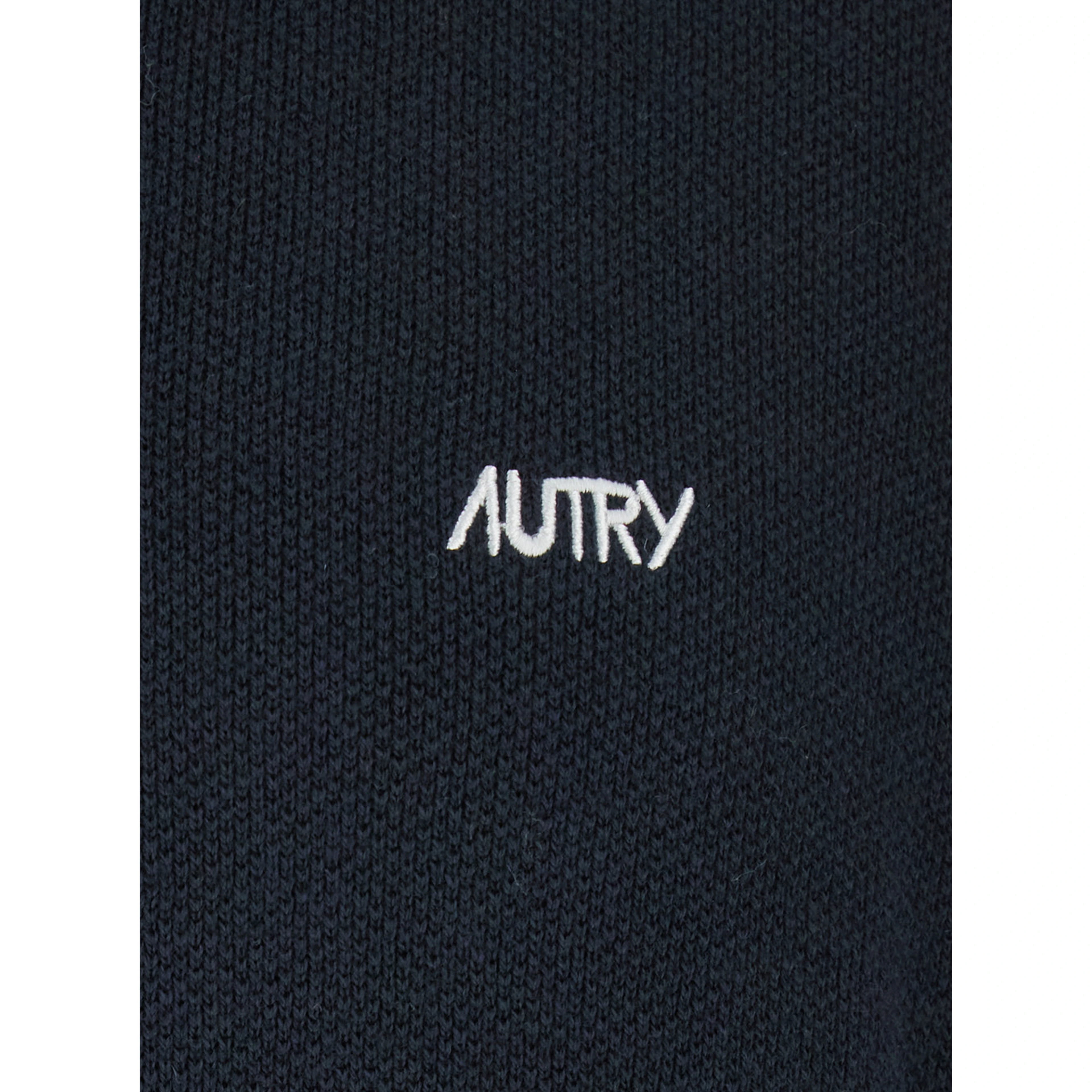 Blue Long-Sleeve Polo Shirt with Striped Collar and Logo Lettering Embroidery on the Front in Wool and Cotton Blend Man