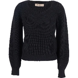 Black Sweater with Embroidered Collar and Elastic Cuffs in Wool and Cotton Woman