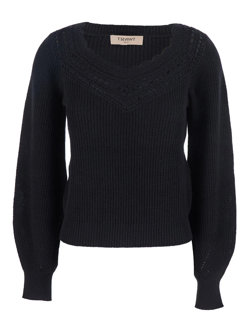 Black Sweater with Embroidered Collar and Elastic Cuffs in Wool and Cotton Woman