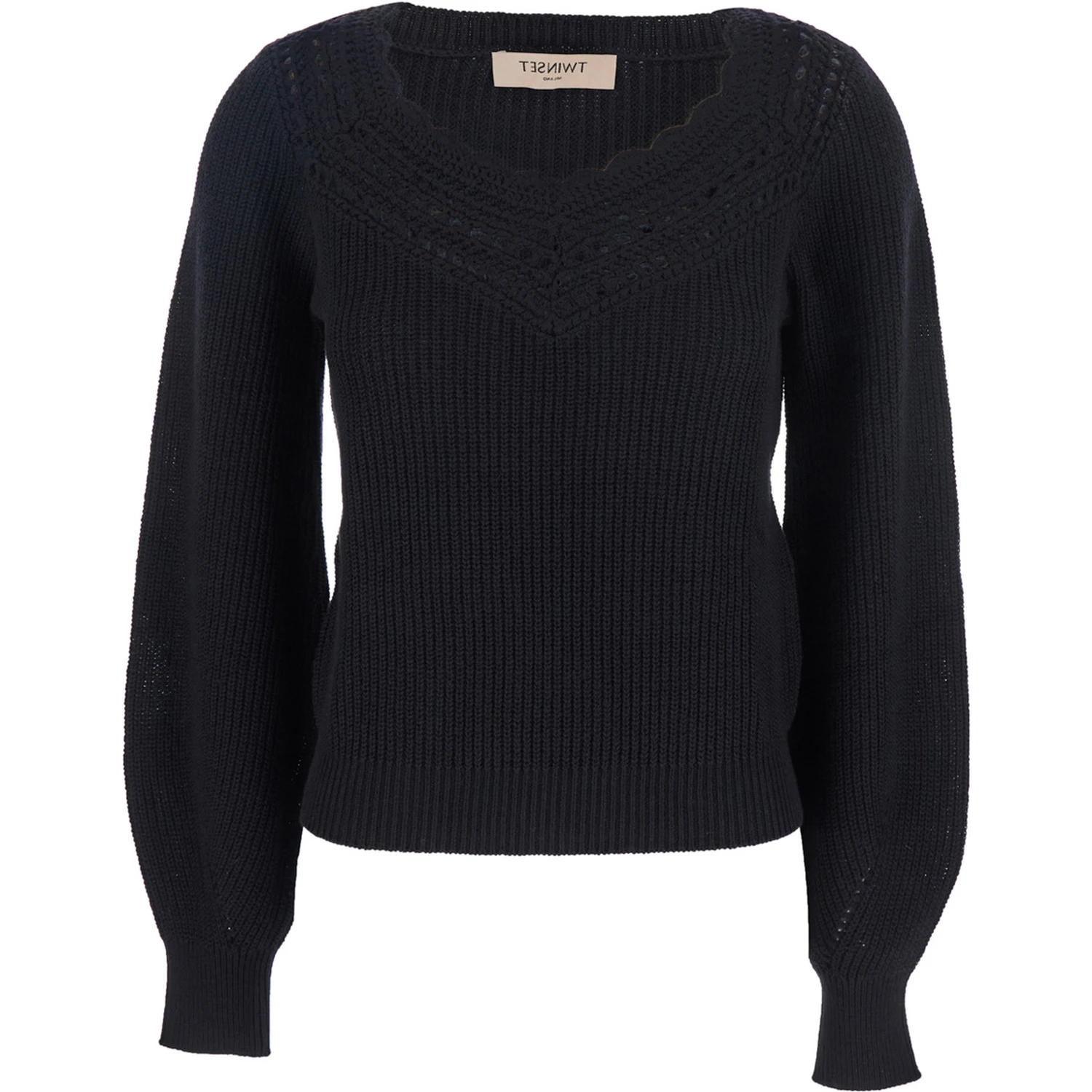 Black Sweater with Embroidered Collar and Elastic Cuffs in Wool and Cotton Woman
