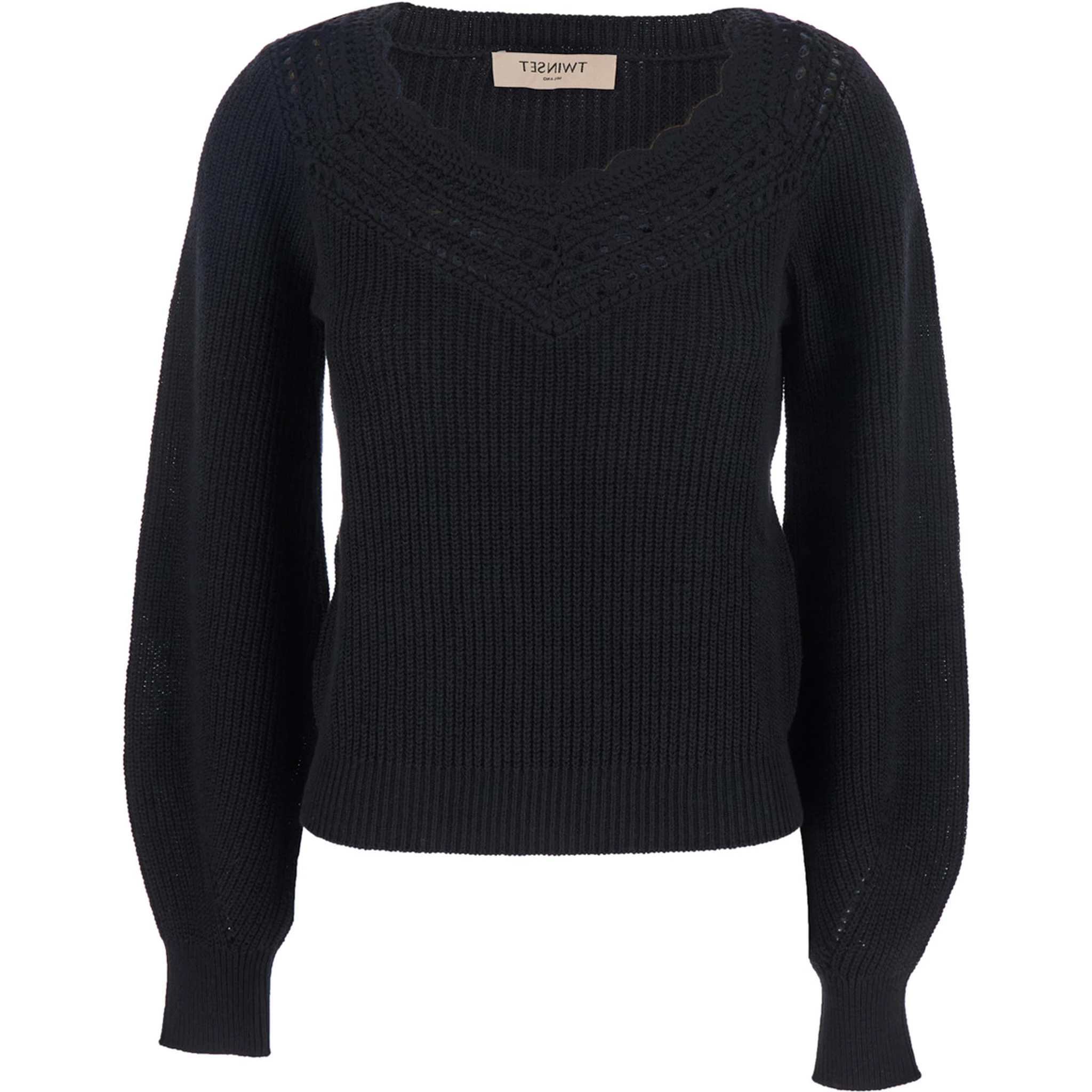 Black Sweater with Embroidered Collar and Elastic Cuffs in Wool and Cotton Woman